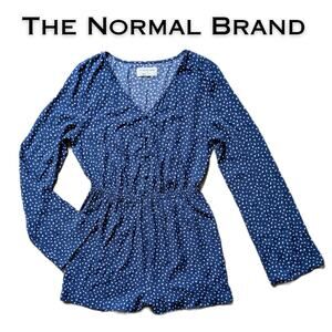 The Normal Brand Romper Small Navy Blue & White Dots Long Sleeve Button Front